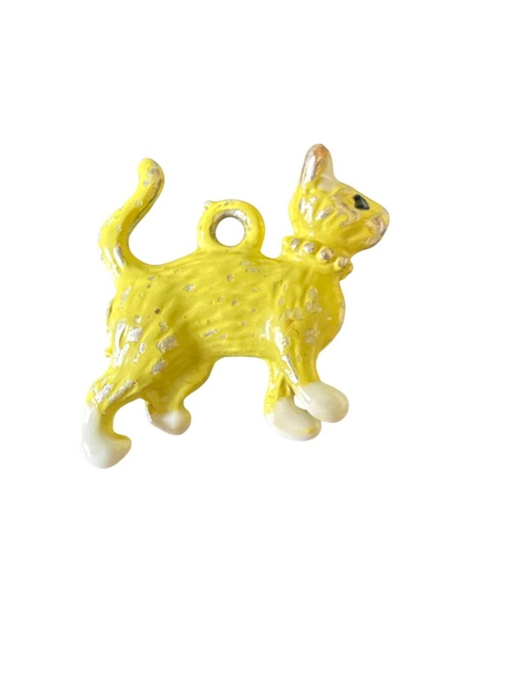 Vintage Yellow Enamel Cat Charm White Paws Whimsical Kitten Pendant Jewelry